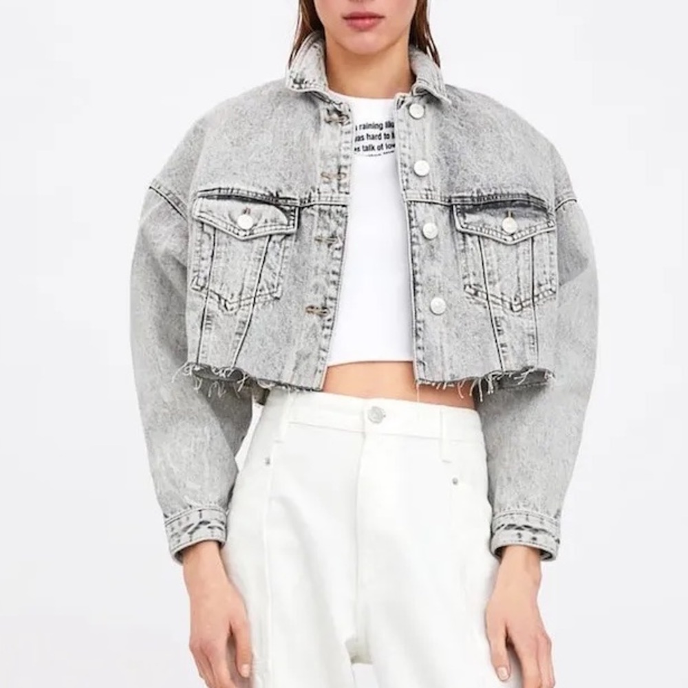 ZARA ACID WASH GREY CROPPED DENIM JACKET